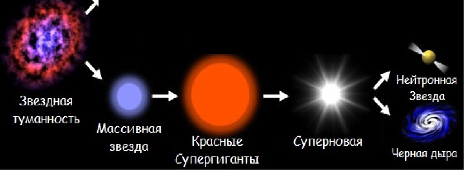 На рисунке приведена эволюция средних по размеру и больших звезд цифрами обозначены основные этапы